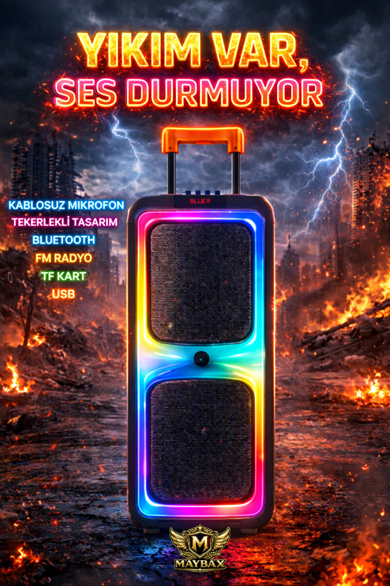 Maybax Büyük Boy Bluetooth Hoparlör Kablosuz Mikrofon Kumanda Tekerlek USB BT TF FM Destekli Party Speaker
