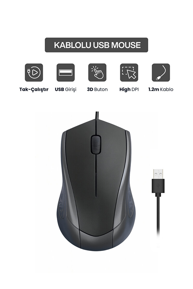 Concord USB Kablolu 3D Optik Mouse – 3 Tuş, Yüksek DPI Hassasiyetli Bilgisayar Mouse