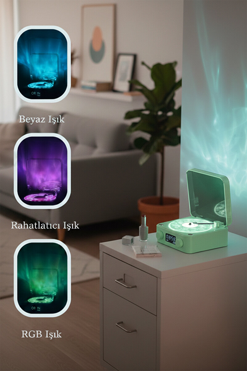 TECHNOMEN Retro Plak Çalar Görünümlü Bluetooth Hoparlör Su Dalgası Projeksiyonlu Gece Lambası ve Dijital Saat