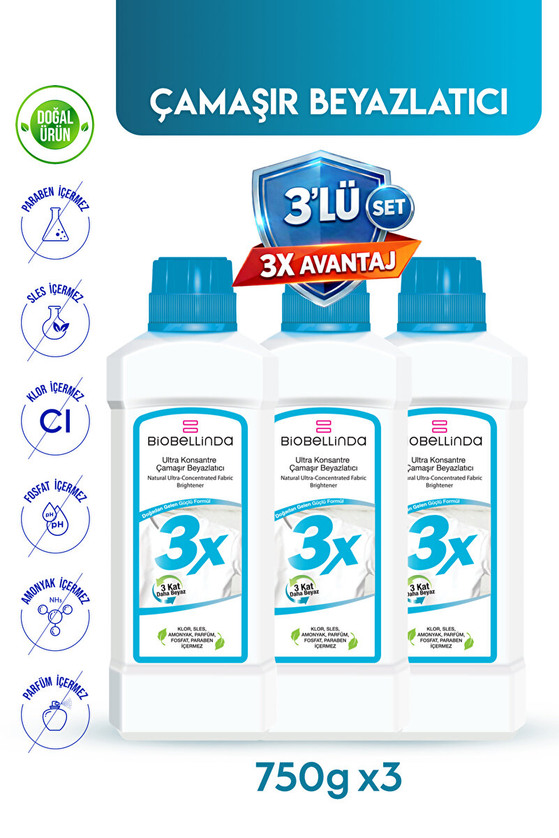 BioBellinda Doğal Ultra Konsantre Çamaşır Beyazlatıcı 750 gr (3'LÜ SET)