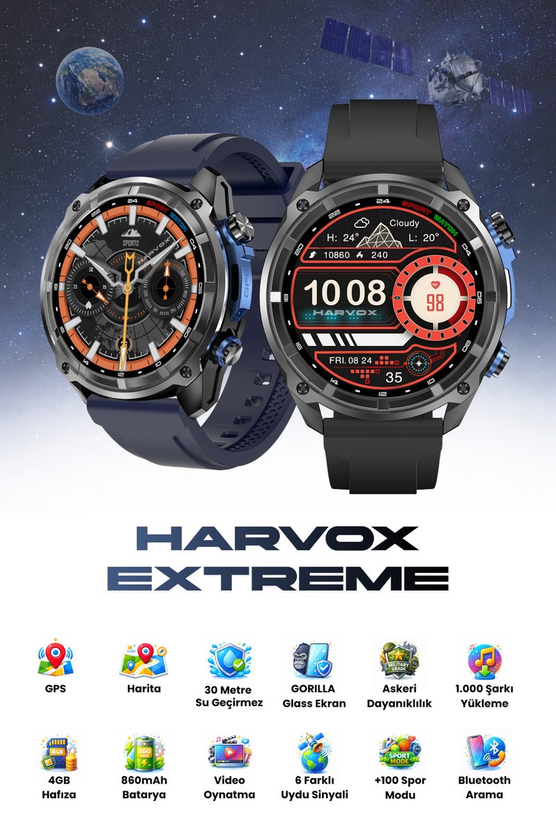 HARVOX Extreme Akıllı Saat GPS, Harita, 4GB Hafıza, Su Geçirmez Iphone Ve Android Tüm Telefonlara Uyumlu