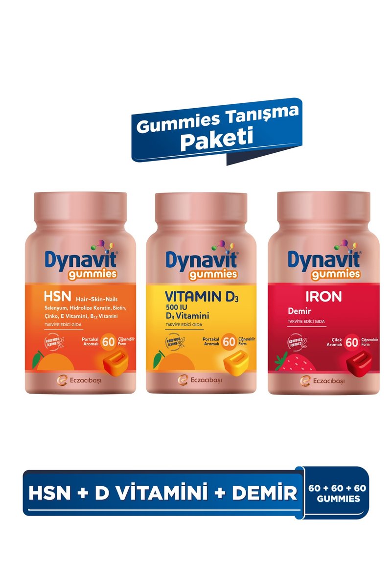 Dynavit Gummies Tanışma Paketi - HSN Hair Skin Nails & Vitamin D3 & Iron 180 Çiğnenebilir Form