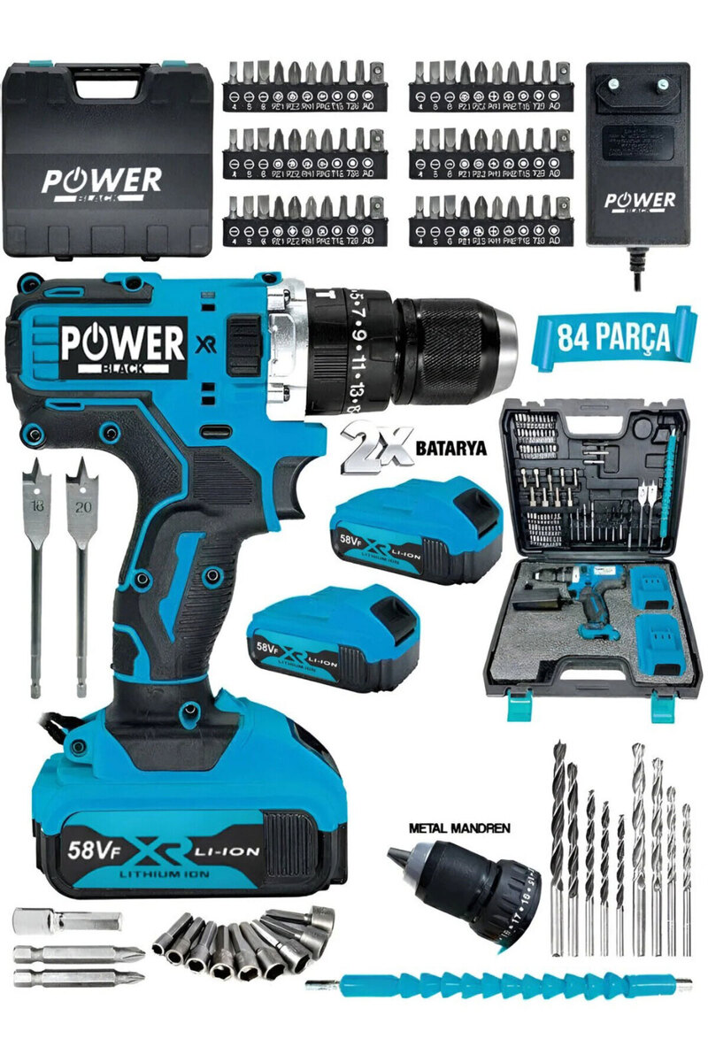 POWER BLACK Ultragüçlü 12v Darbeli Şarjlı Matkap Metal Şanzıman Bakır Sargılı Çift Akülü 17 Parça Set Powerblack