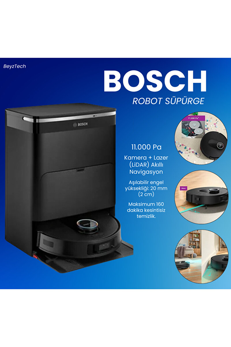 Bosch Robot Süpürge Otomatik İstasyonlu Akıllı Haritalama Paspaslı Güçlü Emiş Üst Segment Temizlik