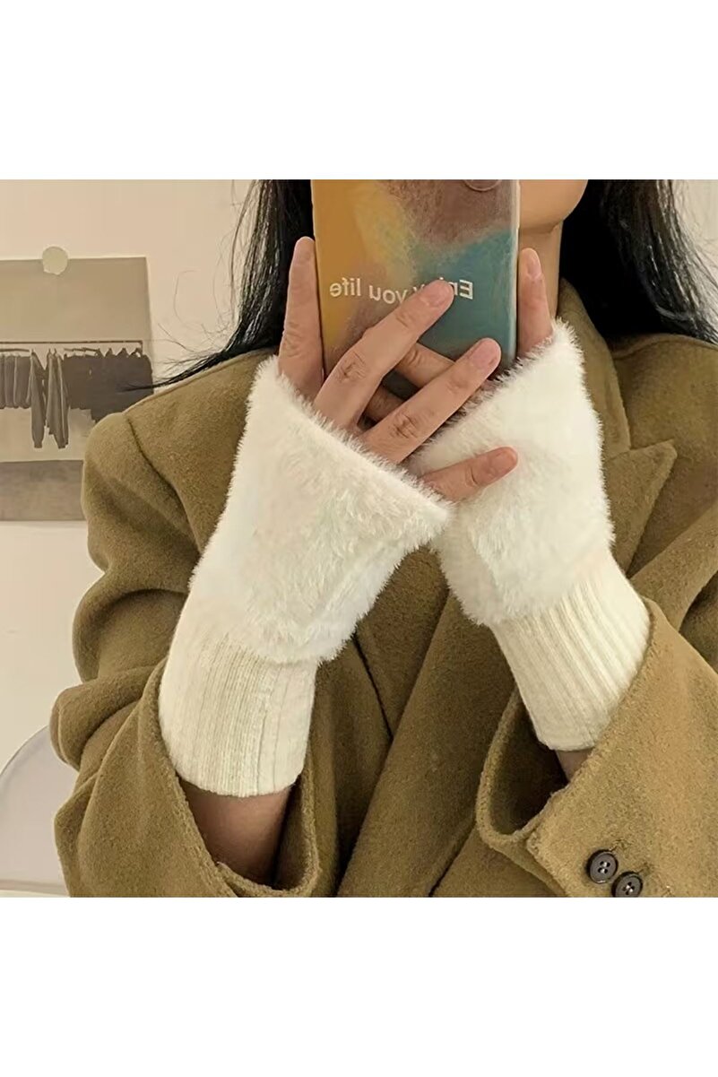Hitit Socks Kadın 1 Çift Kışlık Parmaksız Termal Esnek Polarlı Peluş Eldiven