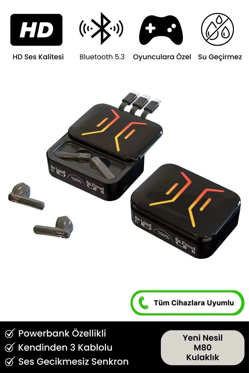Carlburn 9D Stereo Ses Ios Android Uyumlu Dokunmatik M80 Powerbank Özellikli 5.3 Bluetooth Kablosuz Kulaklık