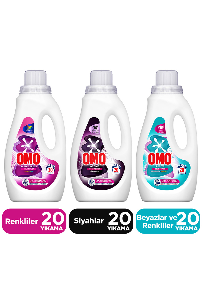 Omo Active Fresh Cold Power Renkliler Sıvı Deterjan 1000ml x1 Siyahlar x1 Beyazlar ve Renkliler x1