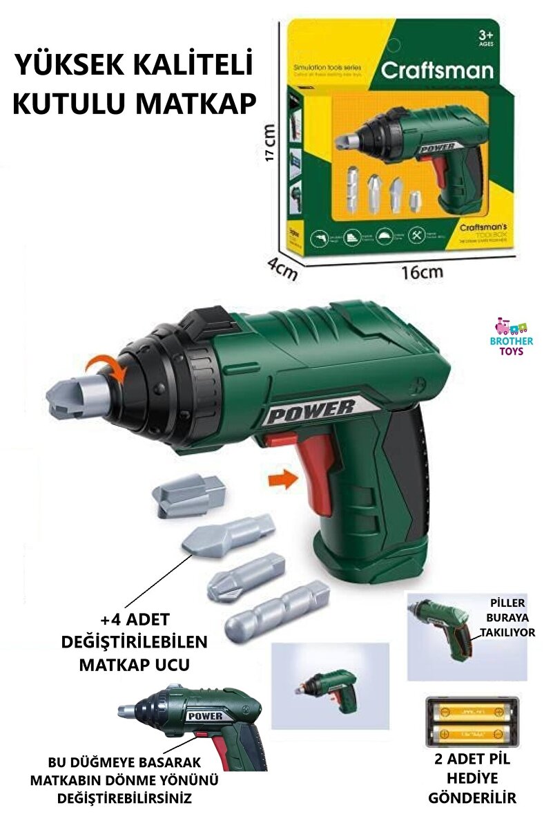 Brother Toys Oyuncak Pilli Kaliteli Matkap Tamir Seti Yeşil Renk 17 Cm.