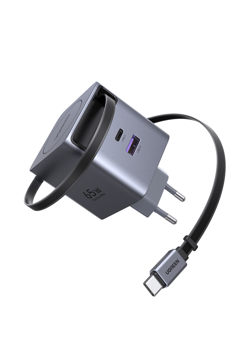 Ugreen 65W Makaralı Dahili Kablolu GaN Hızlı Şarj Cihazı, 2xUSB-C, 1xUSB-A, Gri, 65825
