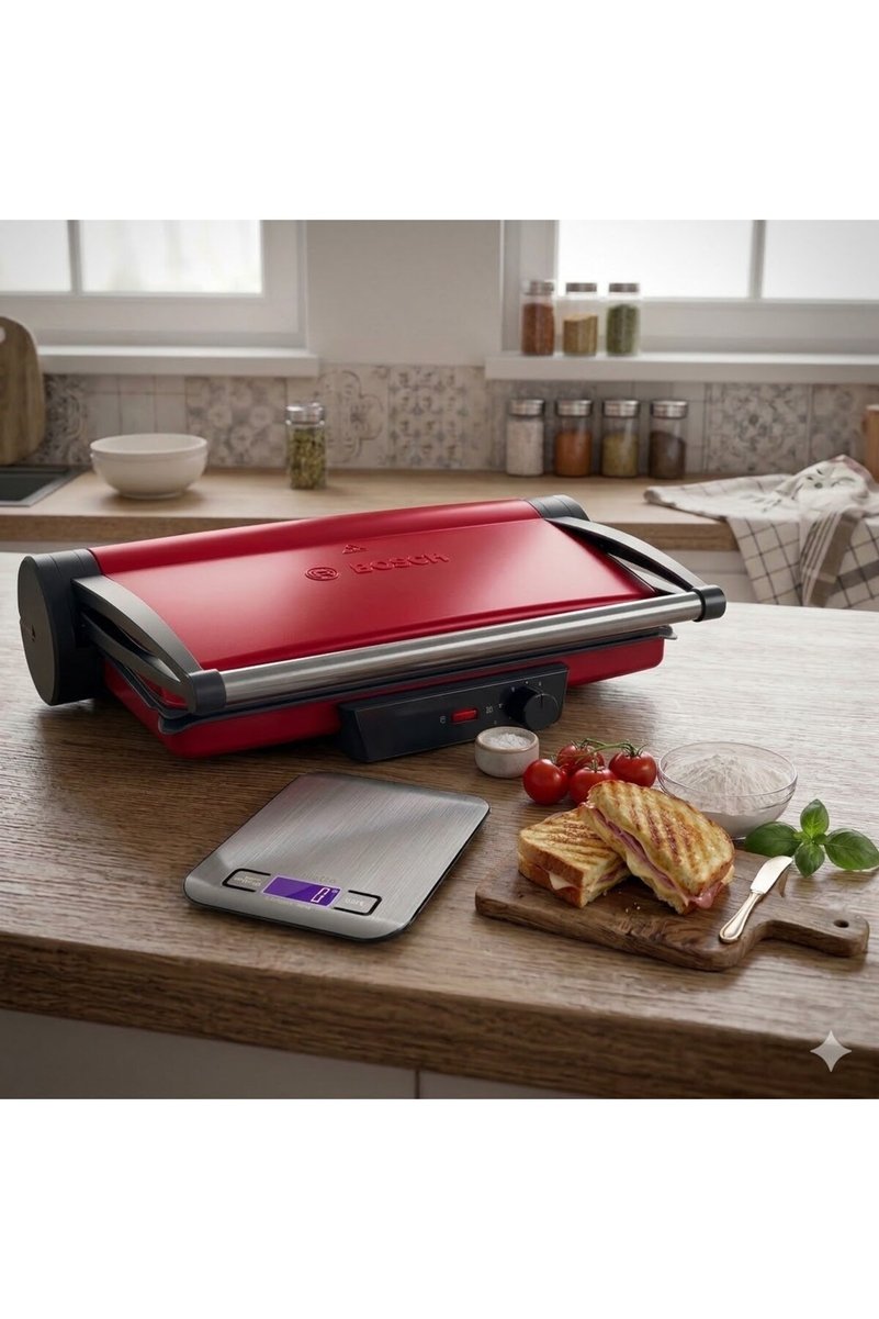 Bosch Kırmızı Tost Makinesi 2000W Çıkarılabilir Plakalı 180° Açılabilir Izgara ve Barbekü ve Mutfak