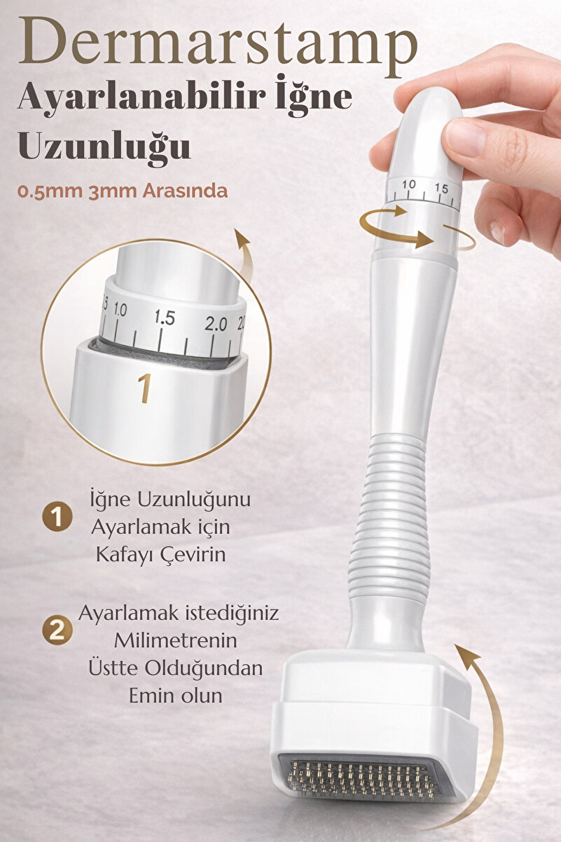 Dermotik Ayarlanabilir Dermastamp 0.25-3mm Titanyum Mikro İğneli Saç Sakal Çıkarmaya Yardımcı ve Cilt Cihazı
