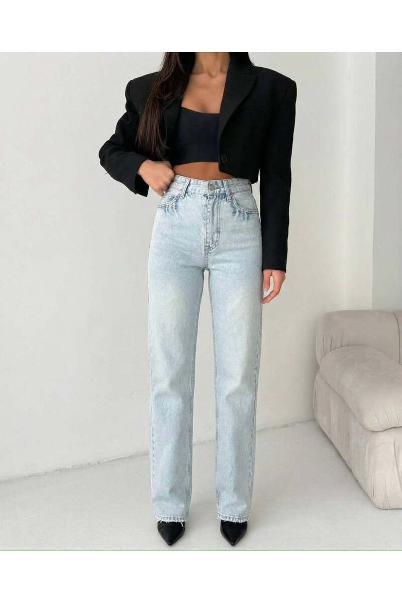 HerTon Kadın Yüksek Bel %100 Pamuk Jean Pantolon - Düz Kesim Straight Denim