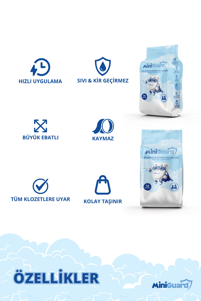 MiniGuard Su Geçirmez Klozet Örtüsü - Tek Kullanımlık, SmartFold™ Sistemli, Kaymaz-10Adet- Klozet Kapak Örtüsü