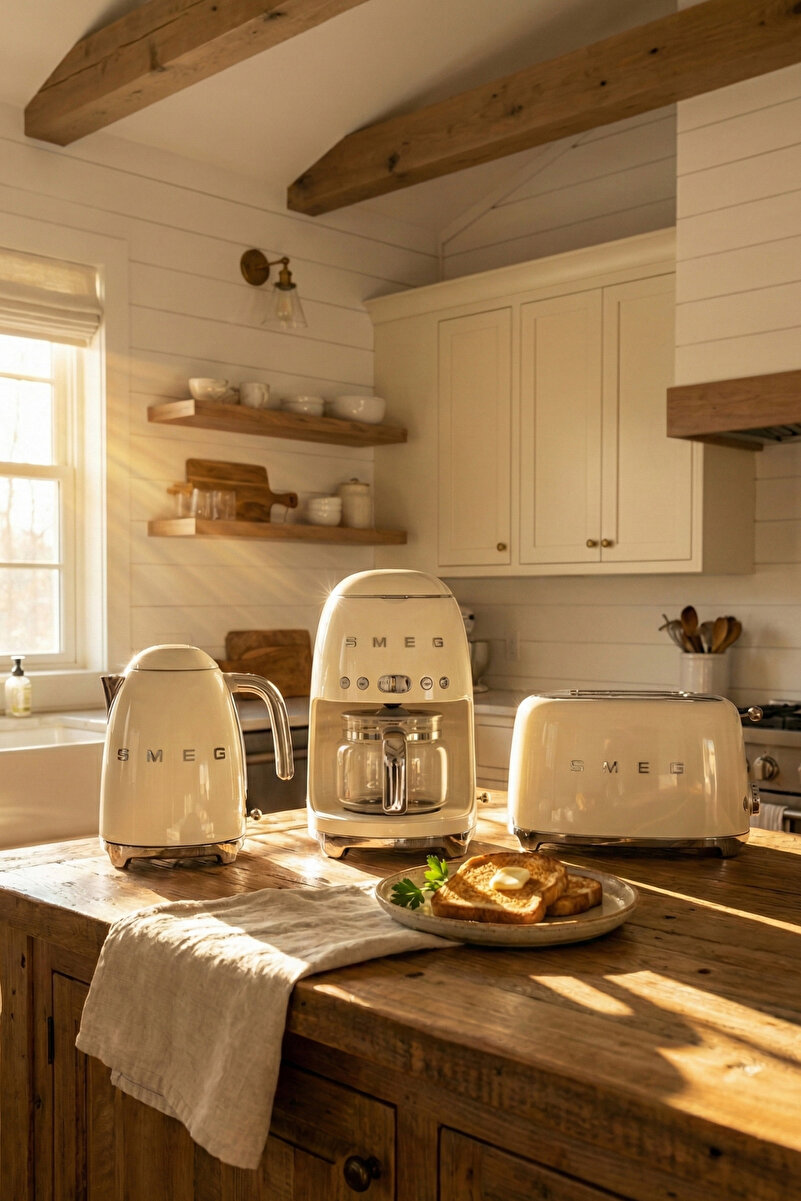 SMEG 50's Style Krem Kettle - 1x2 Ekmek Kızartma Makinesi Ve Filtre Kahve Makine Seti-kremklftsfcdf