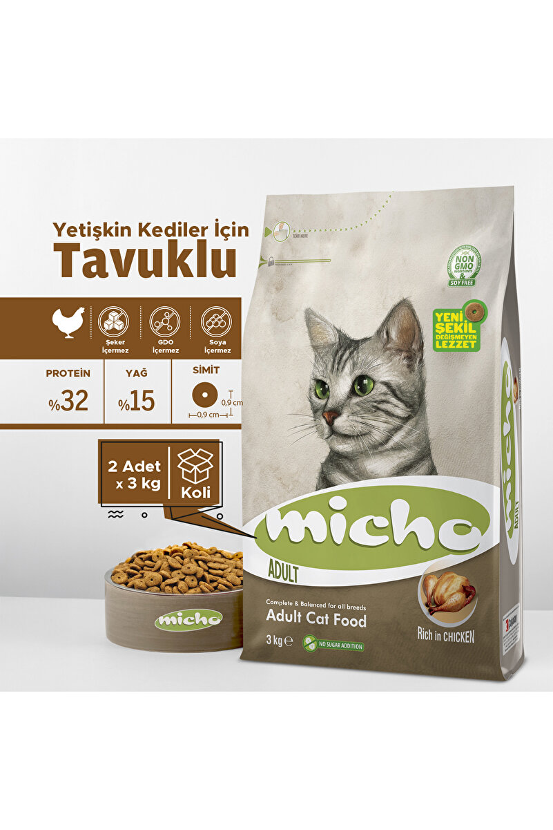 Micho Tavuklu Yetişkin Kedi Maması Orijinal Kapalı Ambalaj 2 Paket X 3 Kg Toplam 6 Kg.