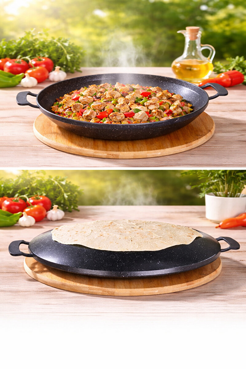 LAVONNI StoneFire 34 Cm Granit Sac Tava | Çift Kulplu Bazlama, Gözleme ve Kavurma Tavası