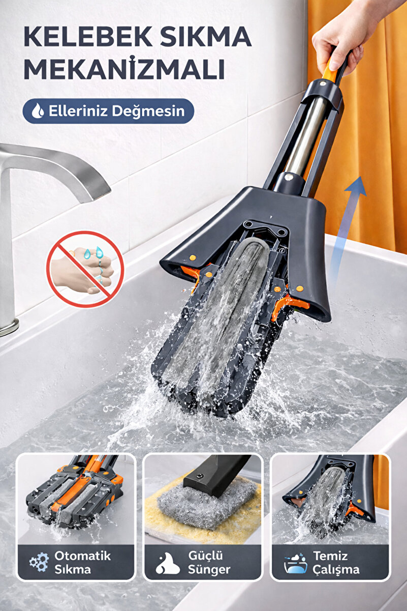 sorvia Kendinden Sıkmalı Kelebek Mekanizmalı Sihirli Süngerli El Mopu Çelik Saplı Pratik Temizlik Seti