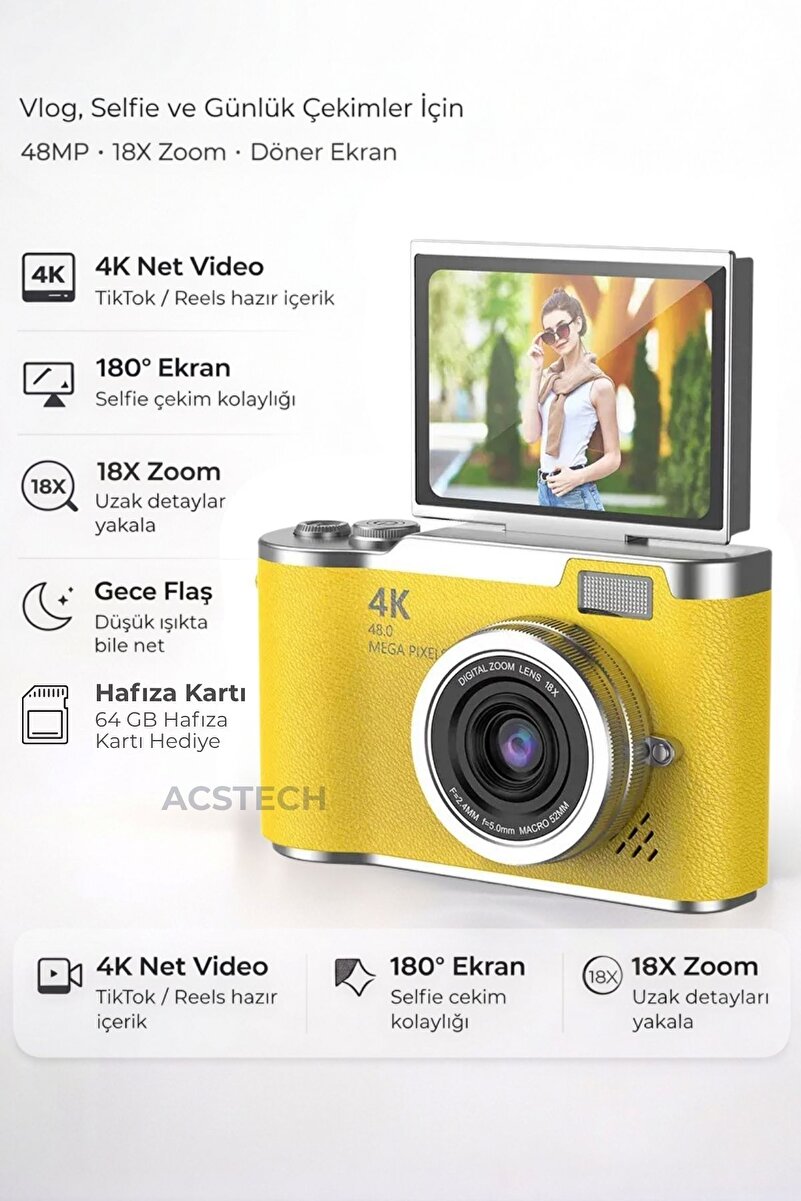 ACSTECH 4K Dijital Fotoğraf Makinesi 48MP Flip Ekran 18X Zoom Flaşlı 64GB Hediyeli Türkçe Menü