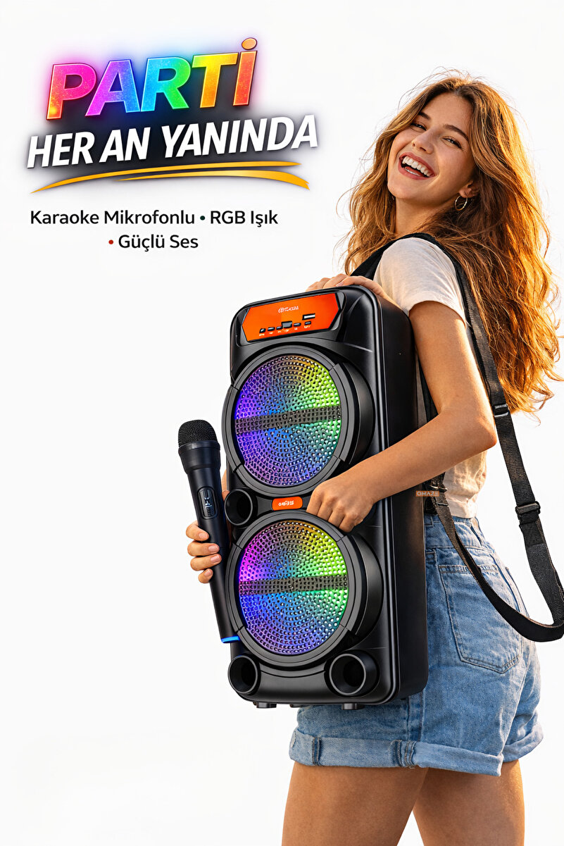 Omaze RGB LED Karaoke Bluetooth Hoparlör Kablosuz Mikrofon Dahil Ultra Güçlü Taşınabilir Bluetooth Speaker