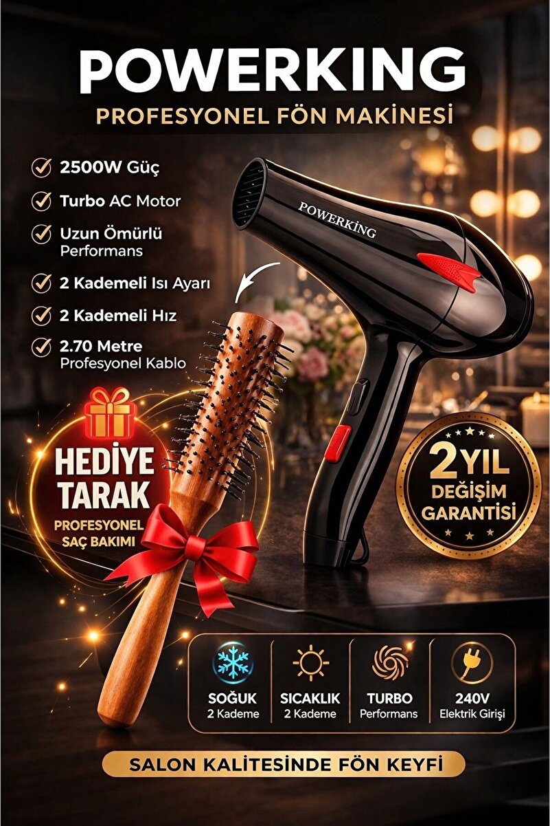 POWERKİNG 2500 Wt Profesyonel Fön Makinesi Kuaförlerin Tercihi 2Yıl Garanti Saç şekillendirici Hairdrey