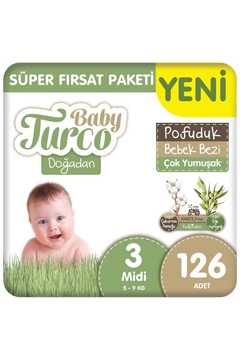 Baby Turco Doğadan Süper Fırsat Paketi Pofuduk Bebek Bezi 3 Numara Midi 126 Adet