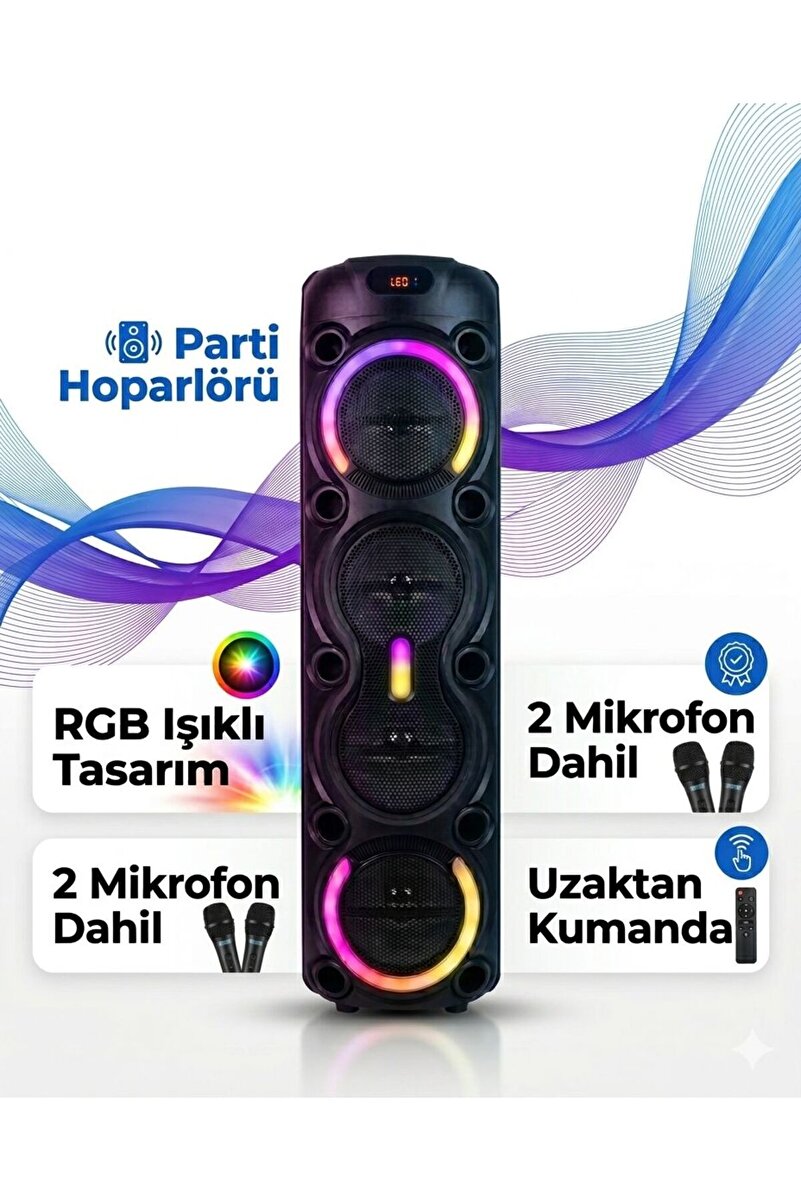 POLYGOLD Bluetoothlu 4x8 inç Woofer RGB Işıklı Parti Hoparlörü - 2 Mikrofonlu Dev Karaoke Seti