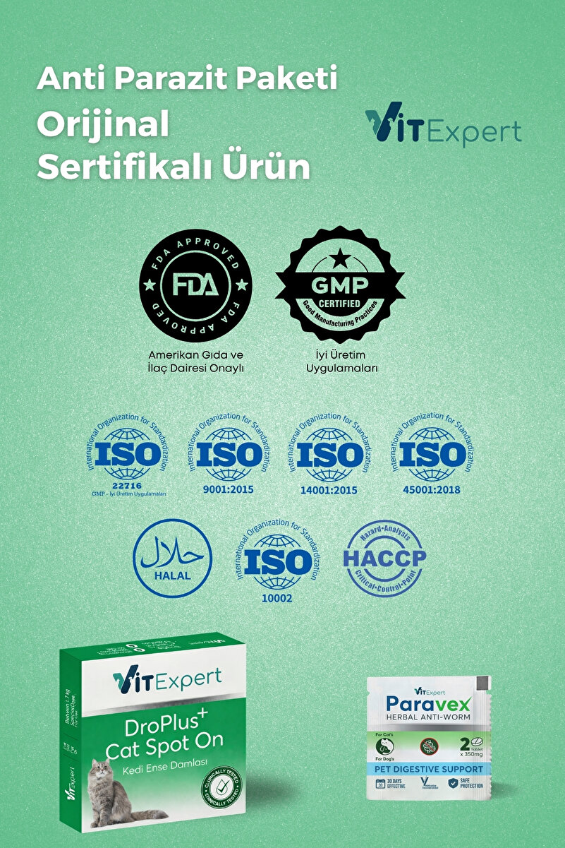 Vitexpert 2'li Set Kedi İç Dış Anti Parazit Tüm Kediler İçin Bitkisel 3 Damla Ve 2 Tablet Paketi