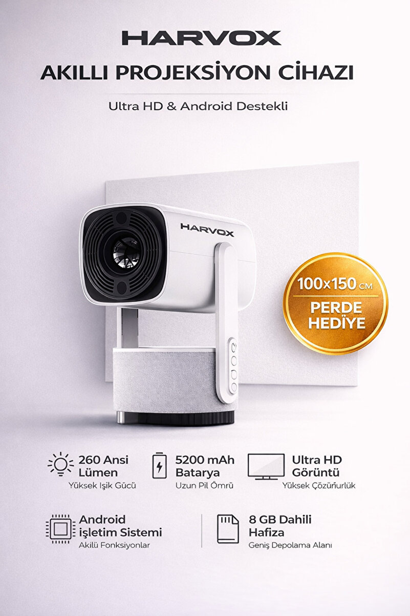 HARVOX Bataryalı Projeksiyon Cihazı Taşınabilir 4K Destekli 1080P Android Sistemli Perde Hediyeli