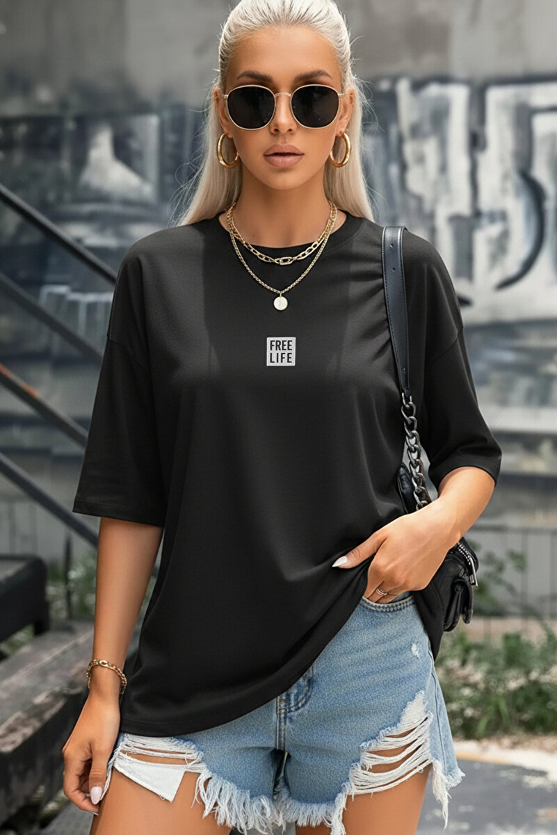 Kadın Free Life Siyah Bisiklet Yaka Oversize Salas T-Shirt