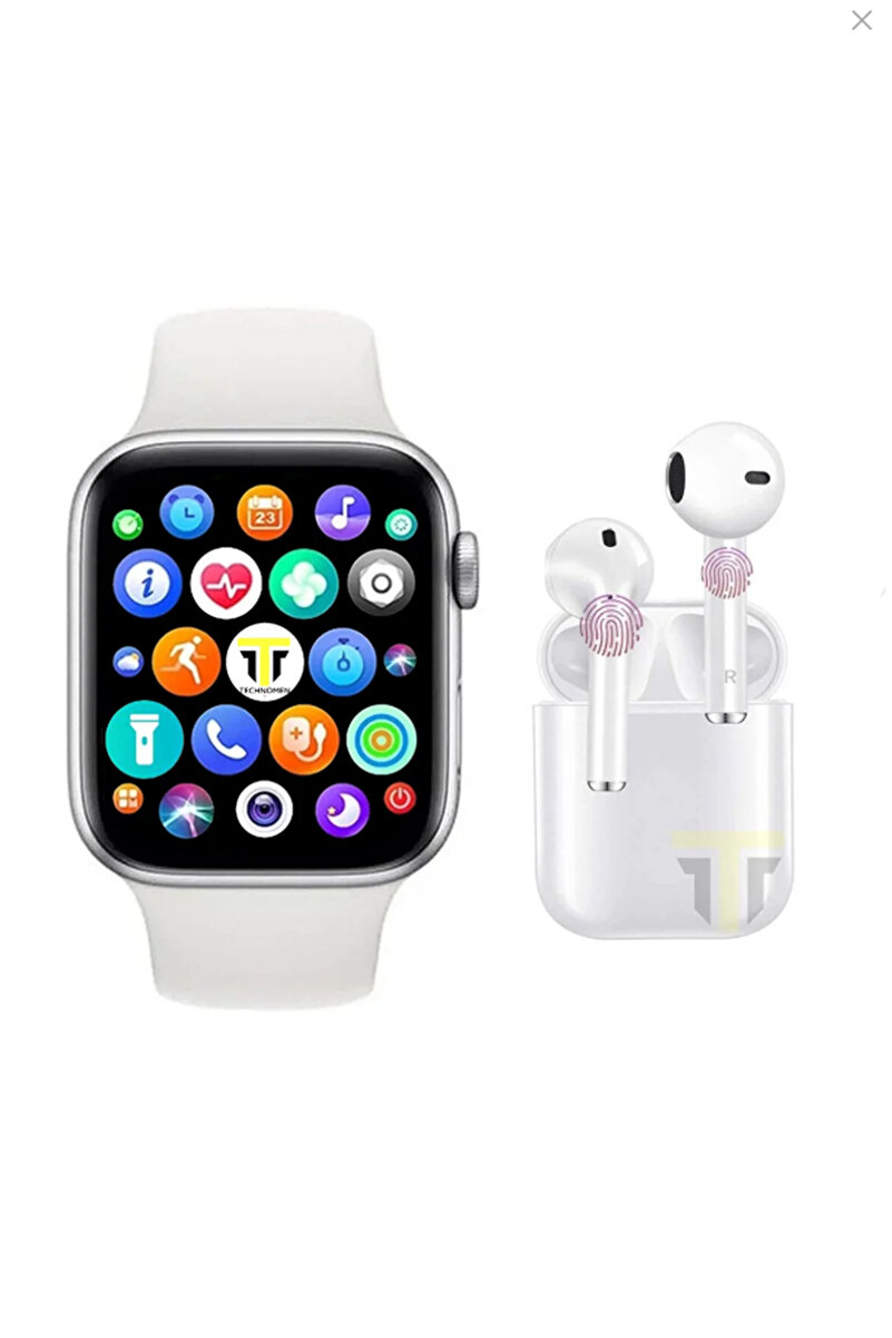 TECHNOMEN Akıllı Saat Plus + Kablosuz Kulaklık Ikili Beyaz Set
