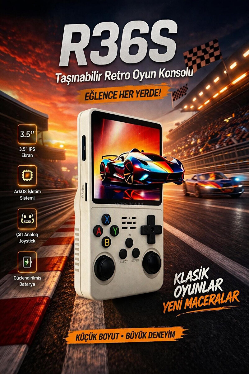 Weskam R36S Retro Oyun Konsolu 15.000+ Konsol Oyunu Yeni Nesil El Atarisi 64 Gb Hd Ekran Upgrade