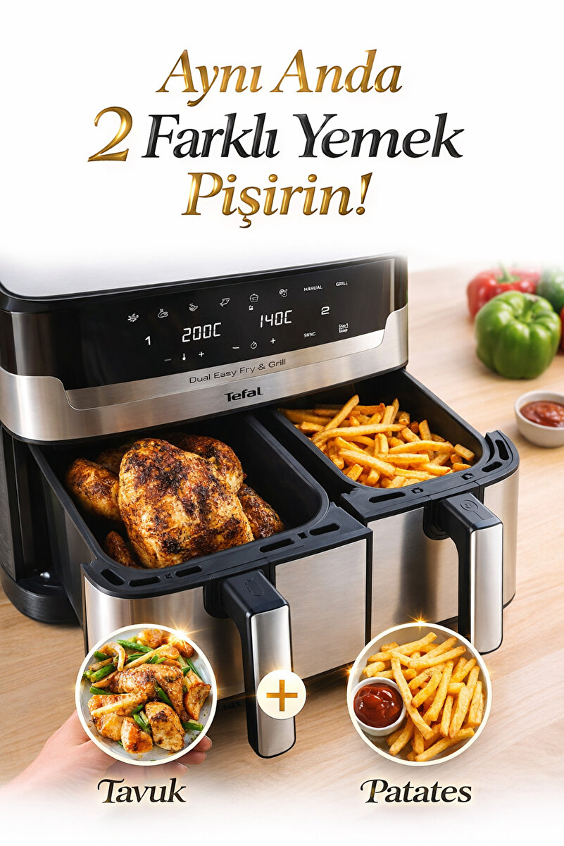 TEFAL Izgara Özellikli Çift Hazneli Yağsız Fritöz 8 Ön Ayarlı Programlı Çıkarılabilir Plakalı Airfryer