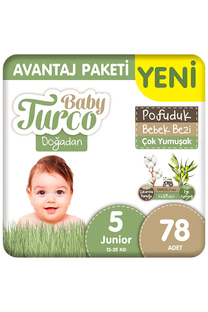 Baby Turco Doğadan Avantaj Paketi Pofuduk Bebek Bezi 5 Numara Junior 78 Adet