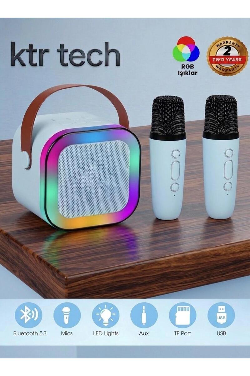 KTR TECH Karaoke Bluetooth Hoparlör Kablosuz Çift Mikrofonlu Rgb Led Işıklı 5 Efektli Şarjlı Ses Bombası