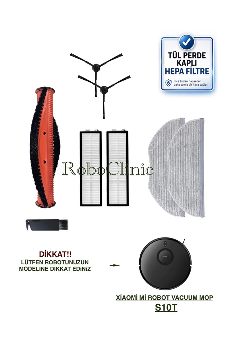 Roboclinic Xiaomi S10t (STFCR01SZ) Robot Süpürge Uyumlu Ana Fırça,yan Fırça,hepa Filtre,mop Yenileme Seti.