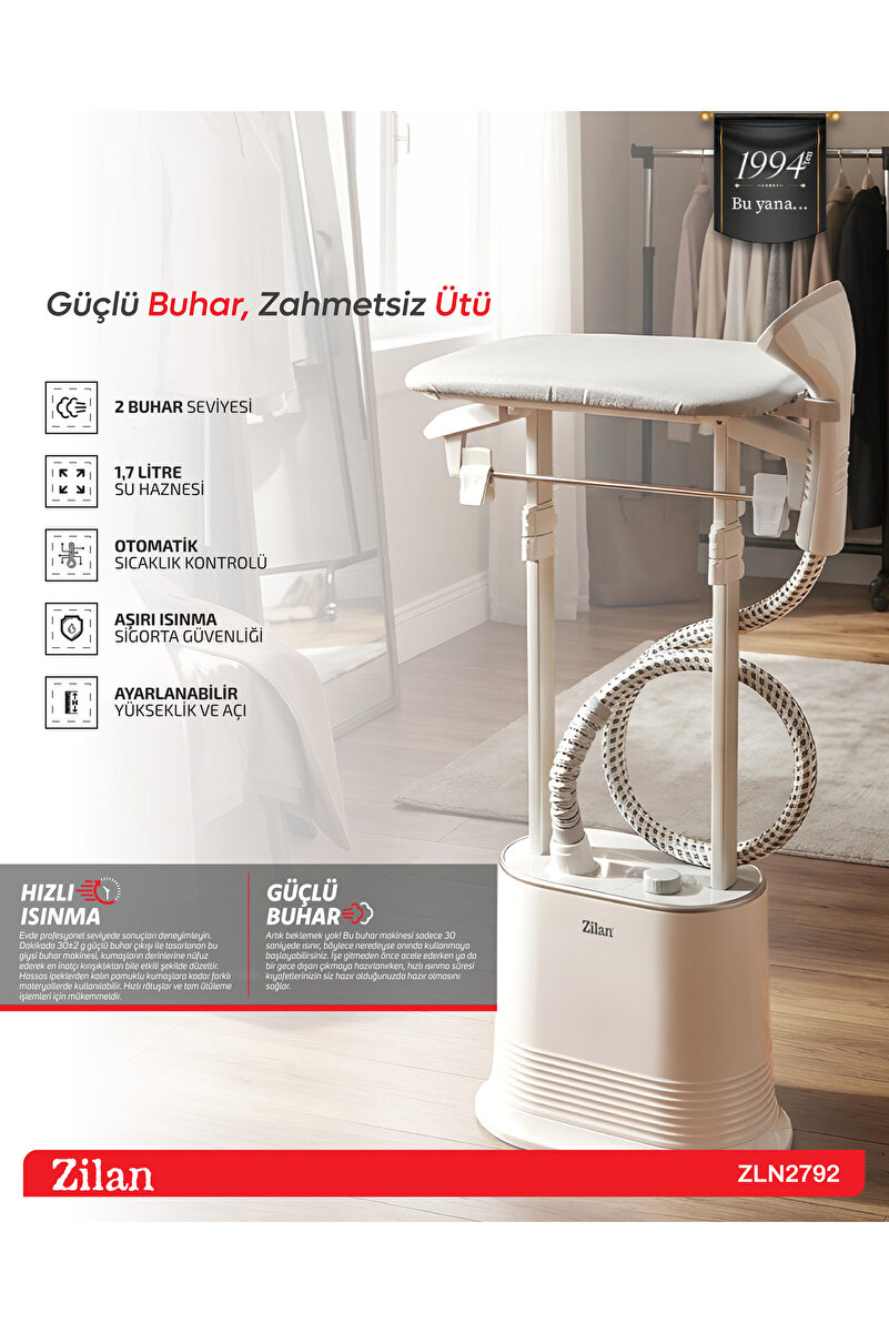 Zilan ZLN2792 Ayaklı Kumaş Ve Giysi Buhar Makinesi | Dikey Buharlı Ütü | Kırışık Giderici | 1.7 L. 2000 W