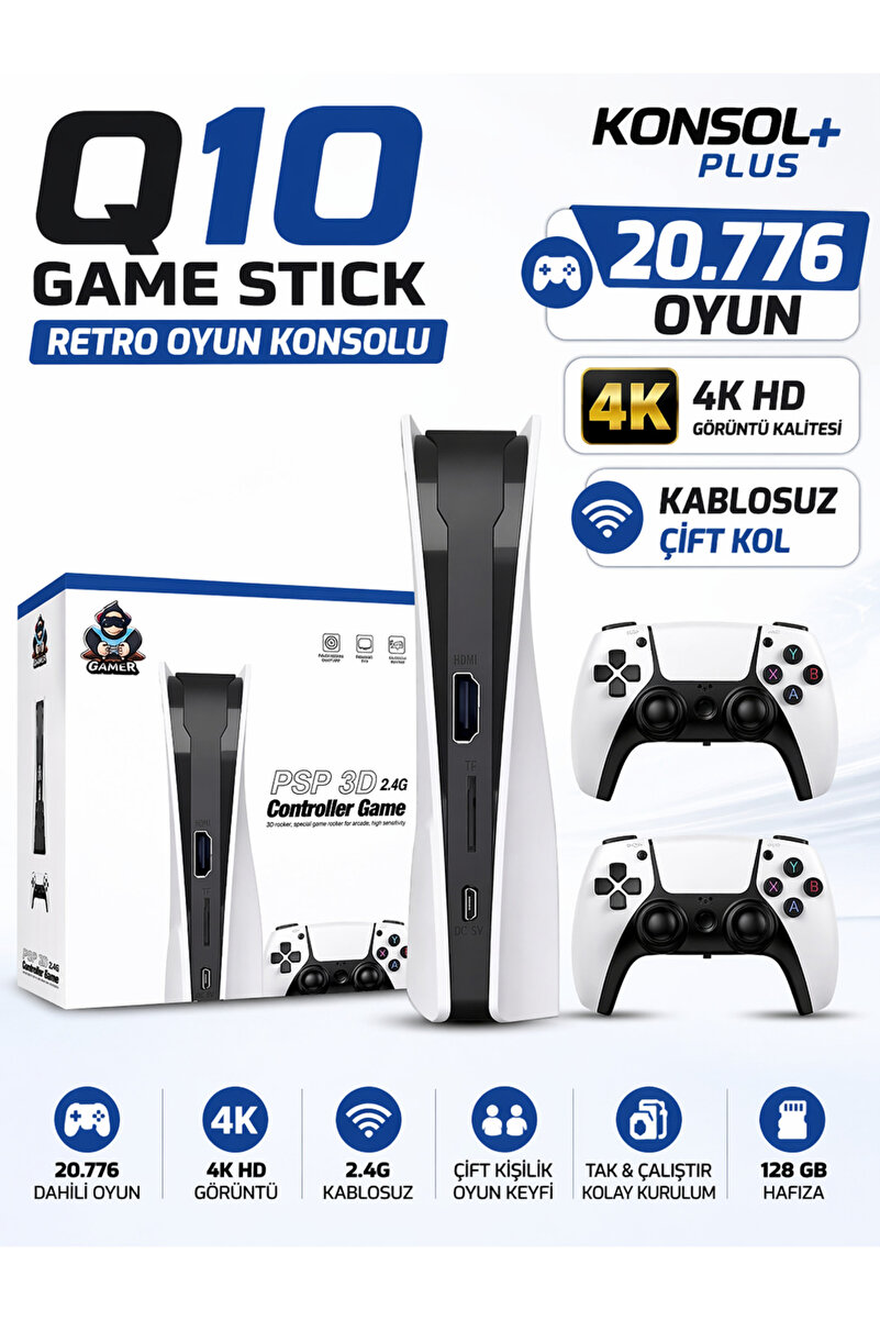 mobixom Q10 Game Stick Retro Oyun Konsolu 20776 Oyunlu 4K HD – 2.4G Kablosuz Çift Kol – 128 GB