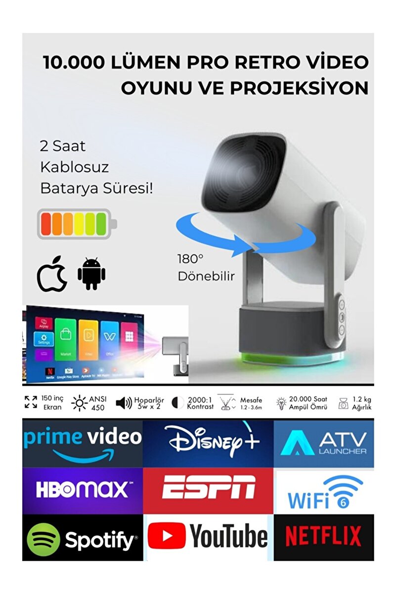 Mmctech Taşınabilir Projeksiyon Ps5 x Box Bağlantılı Oyun Sinema Projektör Full Hd 4K Android Şarjlı