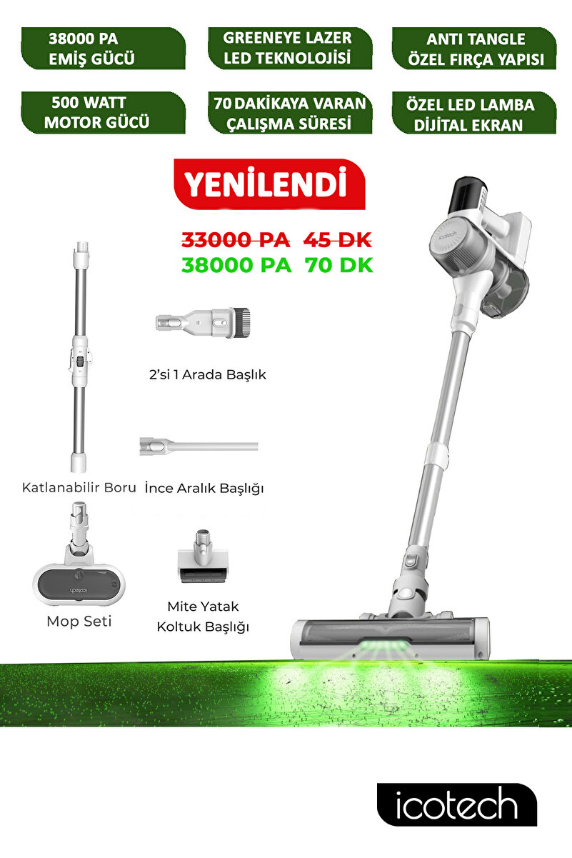 icotech F30 Max 38000 Pa 70 Dk GreenEye Lazer Teknoloji Şarjlı Dikey Süpürge