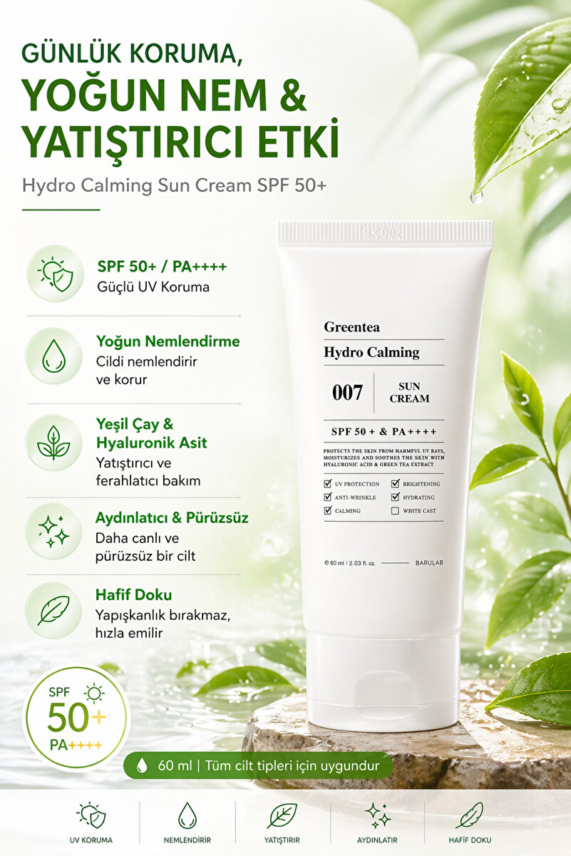 Barulab Greentea Hyrdo Calming Sun Cream - Yeşil Çaylı Kimyasal Filtreli Güneş Kremi 60ml