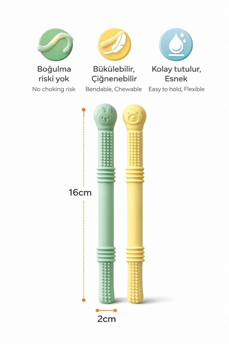 ermaslicon Bebek Diş kaşıyıcı Silikon (dişlik- çiğneme tüpü- pipet) 2 Adet