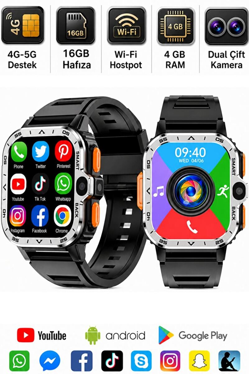 SONREİR Watch PG Ultra 4G LTE Sim Kartlı Akıllı Saat 16GB Android Telefon Özellik WiFi GPS NFC 8MP Kameralı