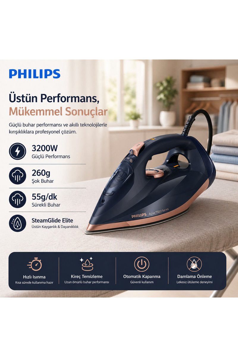 Philips 3200 W Çift Buhar Teknolojili Buharlı Ütü Damlama Önleyici Akıllı Kapanan Hassas Kumaş Dostu Cihaz