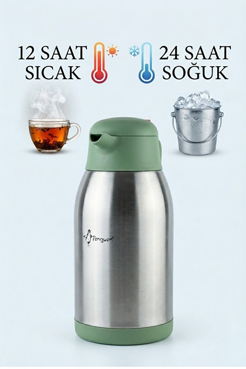 Penguen Çelik Çay Termosu 2.5 Litre | 12 Saat Sıcak 24 Saat Soğuk Tutan | SUS 304 Paslanmaz Çelik