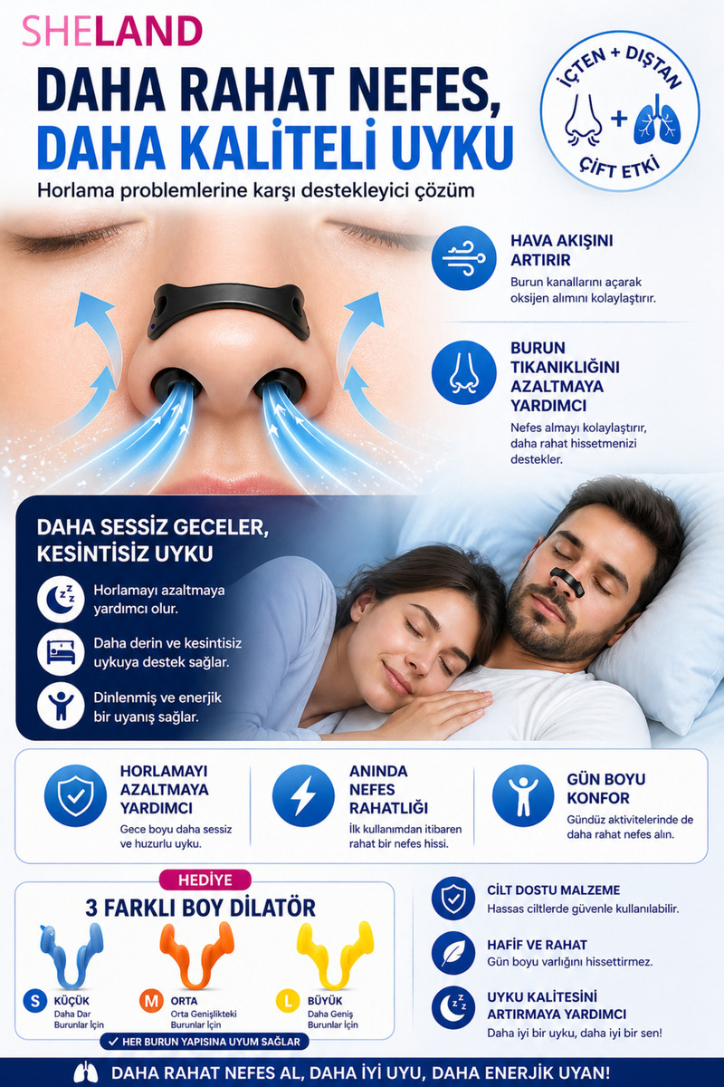 Sheland Manyetik Burun Bandı 30 Günlük Kullanım Set + Silikon Burun Dilatörü (S-M-L) Hediyeli - Horlama Azaltıcı Set