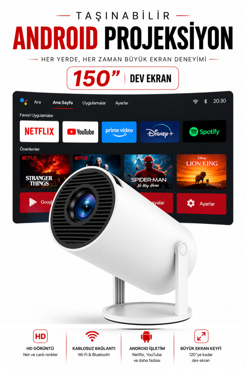 Weskam Taşınabilir Android Projeksiyon Sinema Projeksiyon Cihazı Wifi HDMI USB Bluetooth Destekli Projektör