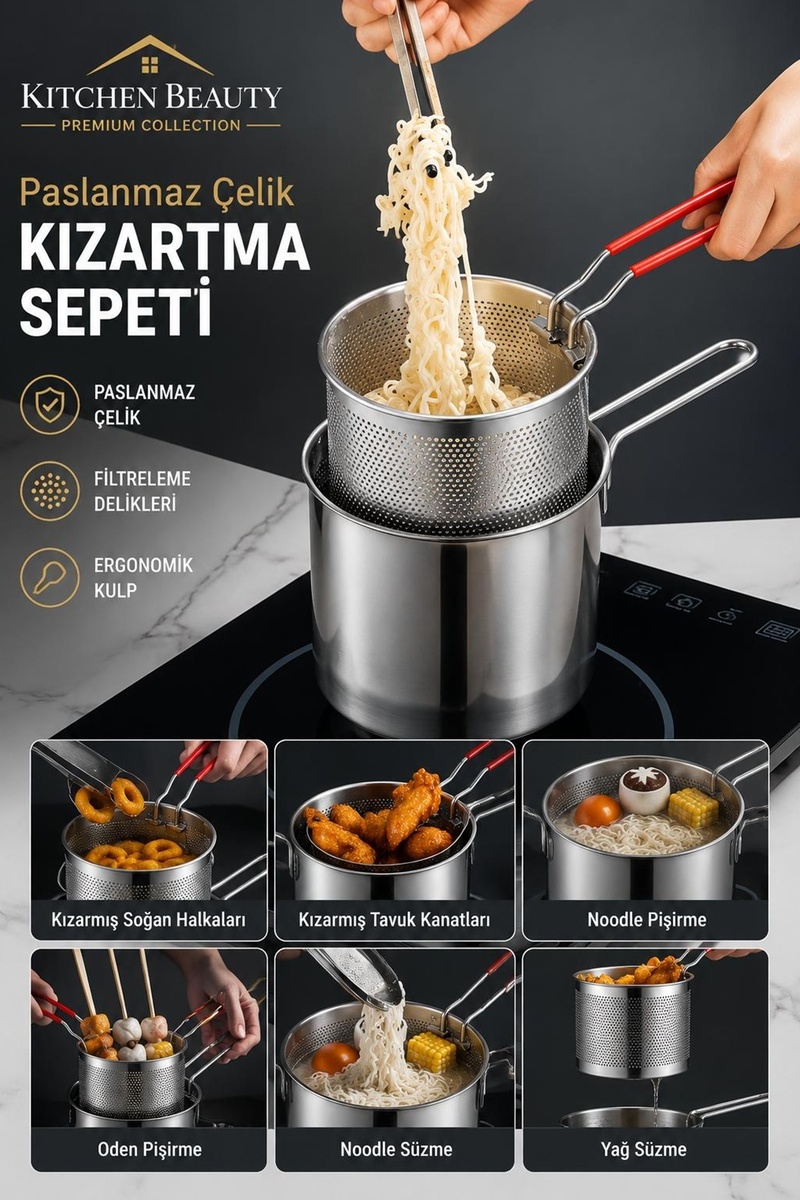 Kitchen Beauty Paslanmaz 304 Çelik Fritöz Kızartma Sepeti Çok Fonksiyonlu Pot