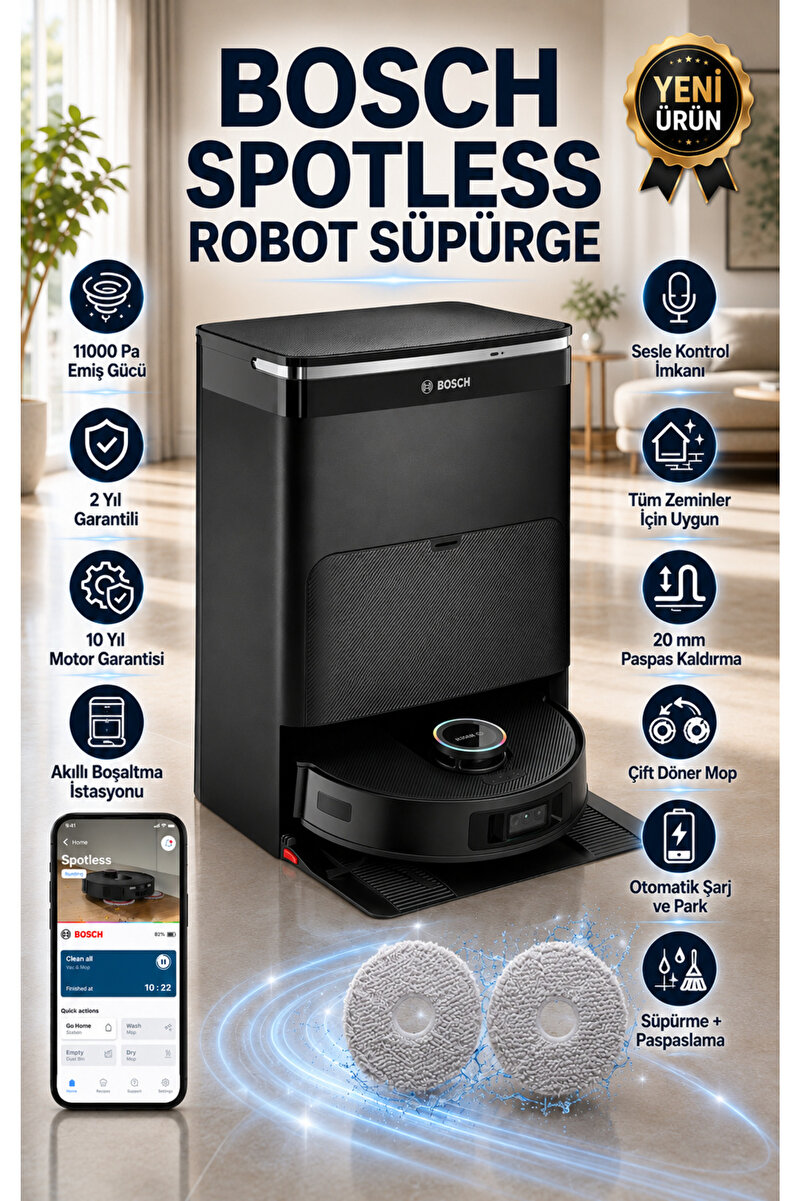 Bosch Premium Extra Güçlü Robot Süpürge, 11.000 Pa Güçlü Emiş, Otomatik Toz ve Paspas Temizleme İstasyonu, Akıllı Kamera, Lazer Navigasyon, Home Connect ve 10 Yıl Motor Garantisi Türkiye Garantili
