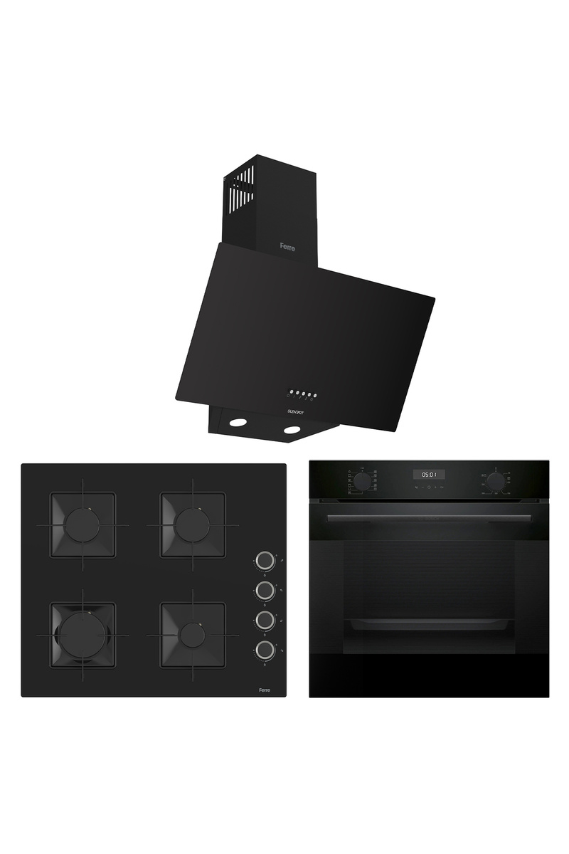 Bosch & Ferre Black Star 3 lü Ankastre Set - Ultra Sessiz Davlumbaz - 42 dB ( HUA717BA0T - SS205 - D086-SA ) Buhar Destekli