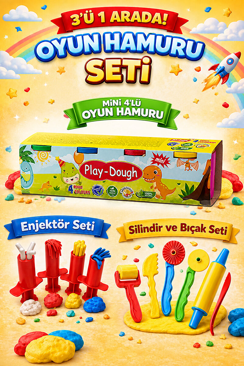 HEROES DOUGH 3'ü 1 Arada Oyun Hamuru Seti - Enjektör Seti - Silindir ve Şekillendirme Seti - 4'lü Mini Oyun Hamuru